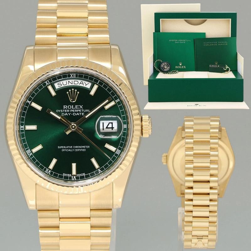 MINT 2014 Rolex President Yellow Gold Day Date Green Stick Dial 118238 Watch Box: Brand Rolex (Guaranteed Authentic) Model Day-Date President Reference Number 118238 Serial Number Random Gender Metal Yellow Gold Case Size 36.00mm Wrist Size This watch will currently comfortably fit