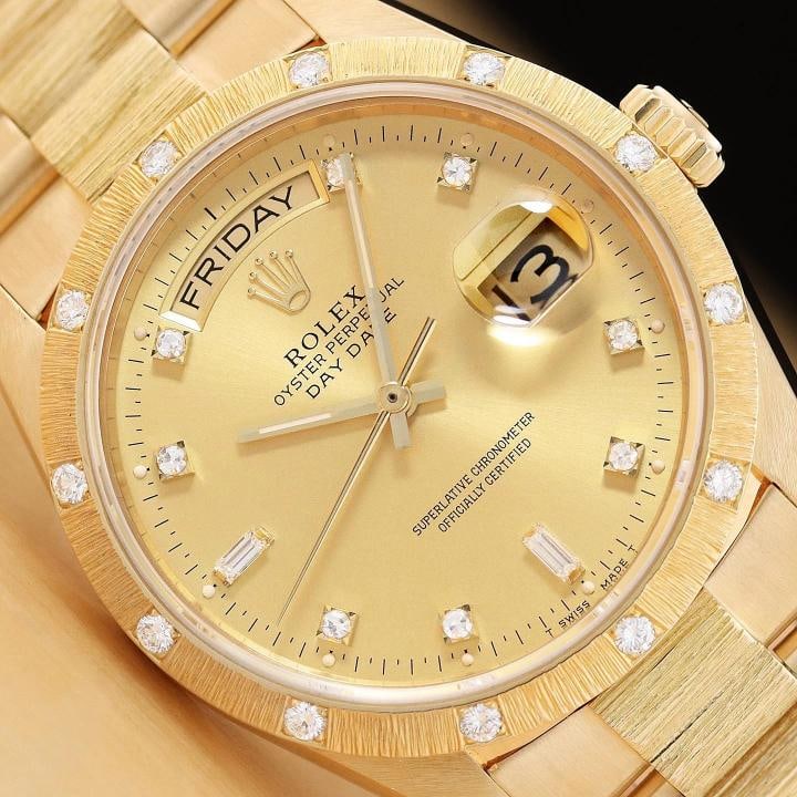 ROLEX MENS DAY-DATE 18108 FACTORY DIAMOND DIAL 18K GOLD PRESIDENT BARK WATCH (1 of 12)