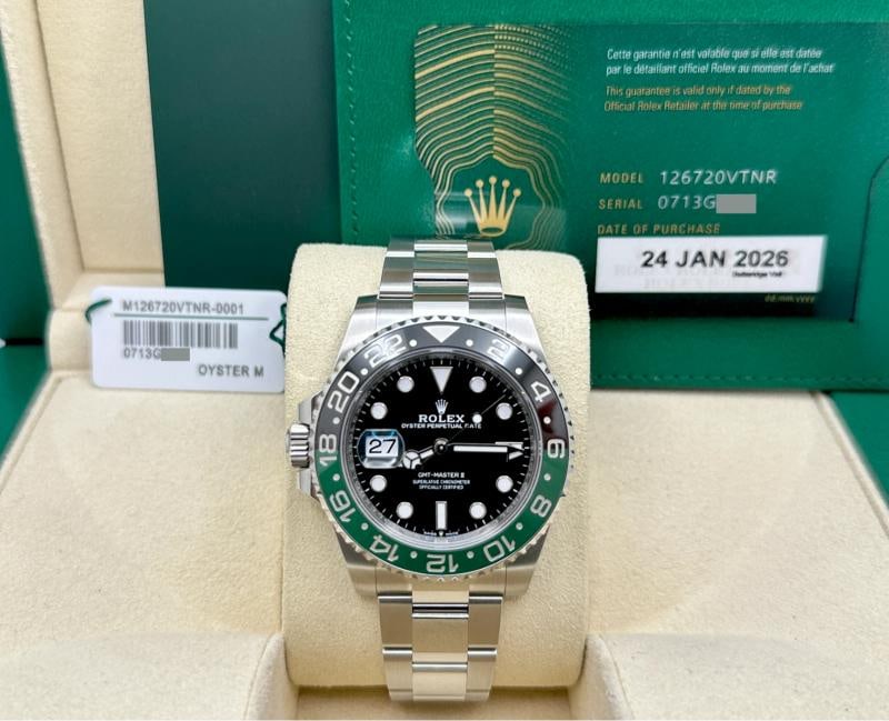 2026 Rolex GMT Master II Sprite 126720VTNR Black and Green Bezel Steel Box Paper: Style Number: 126720VTNR Serial: 0713G*** Year: 2026 Model: Rolex GMT Master II 'SPRITE' Case Material: Stainless Steel Band: Stainless Steel Bezel: Black & Green Dial: