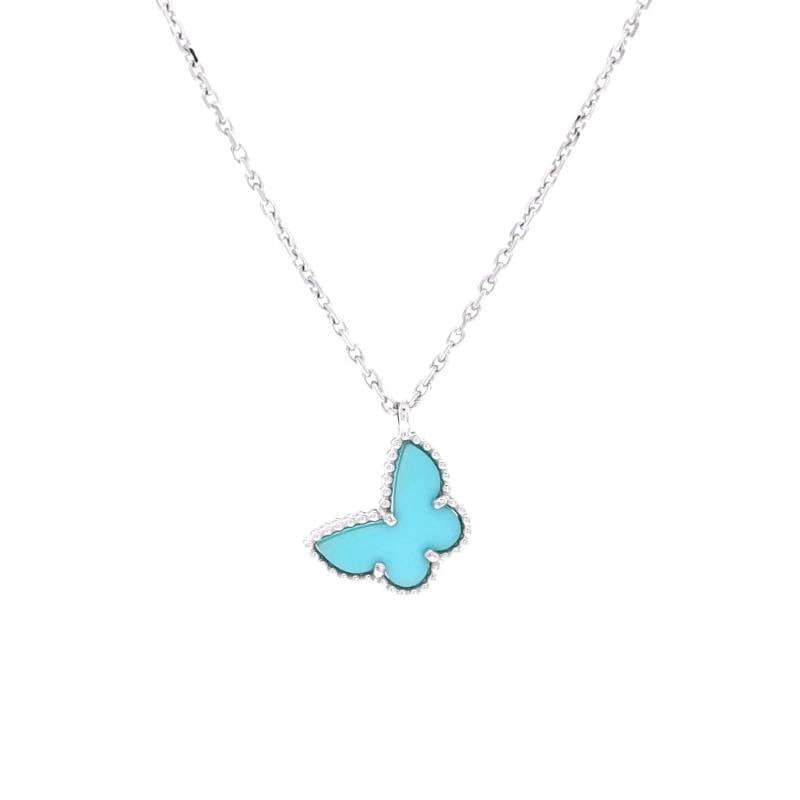 Van Cleef & Arpels Sweet Alhambra Butterfly Pendant Necklace 18K White Gold: Measurements: Length: 15.0 - 16.75 ", Pendant Length: 15.40 mm, Pendant Width: 14.95 mm . Condition: Pre-owned - Good,Brand: Van Cleef & Arpels,Main Stone: Turquoise,Metal: 18K White Gold,Metal