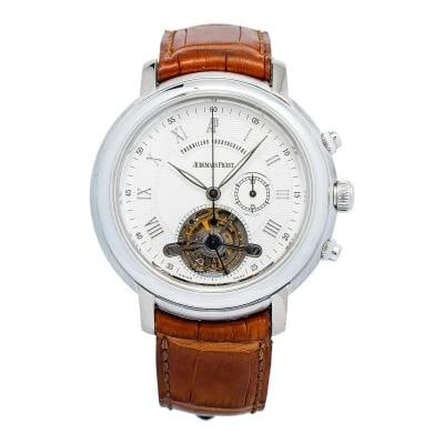 Audemars Piguet Tourbillon Chronograph 25909BC Manual 18k White Gold Watch 43mm: Case Size 43mm Wrist Fit 7.75inches Box No Papers No Condition Ã¢â‚¬â€ Excellent Full Specifications Brand Audemars Piguet Model Tourbillon Chronograph