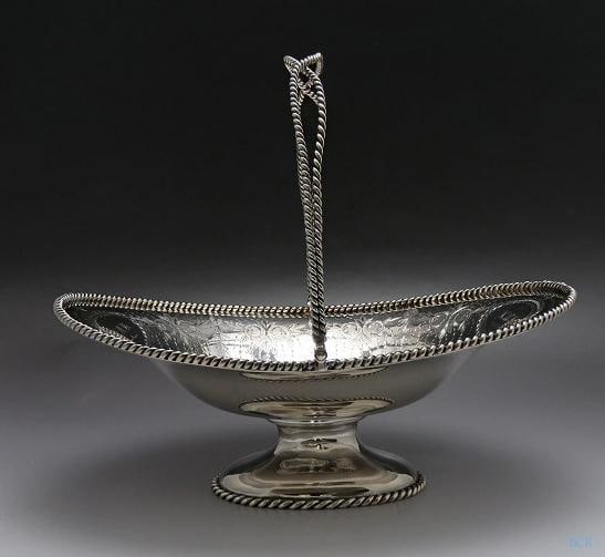 c1850s Superb American 950 Silver Ropetwist Swing Handle Basket Eoff & Shepard: There are no splits, no dents, no breaks, no monogram removals, and no repairs. This piece is stamped with the maker's mark for Eoff & Shepard of New York, as well as 950 for the purity of the