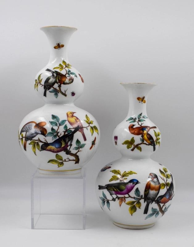 Pair of Dresden Helena Wolfson Hand Painted Bird Vases with A/R Mark - 2