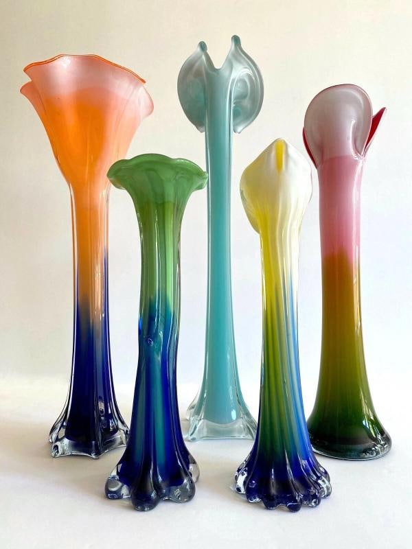 VTG 1990'S POST MODERN ART GLASS MULTICOLOR FLOWERS CONTEMPORARY VASES - 5PC SET - 12
