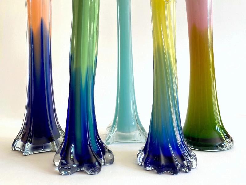 VTG 1990'S POST MODERN ART GLASS MULTICOLOR FLOWERS CONTEMPORARY VASES - 5PC SET - 6