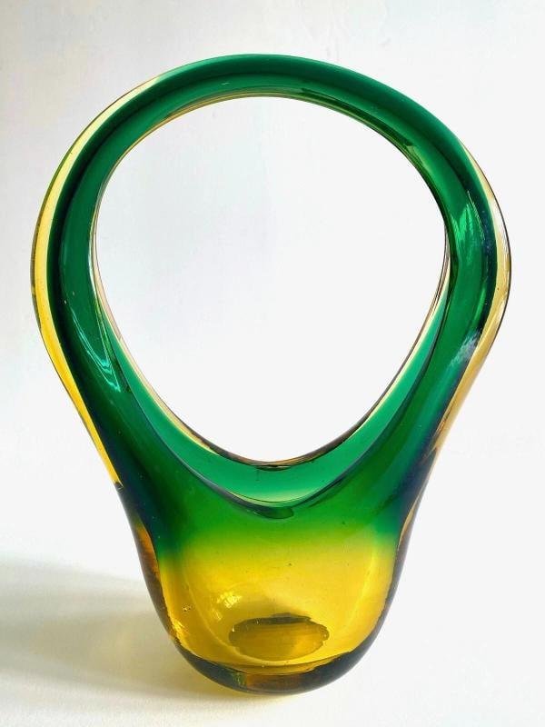 MID CENTURY MODERN SEGUSO MURANO ART GLASS SOMMERSO SCULPTURAL BASKET BOWL VASE - 11