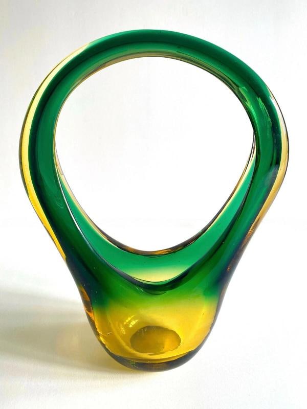 MID CENTURY MODERN SEGUSO MURANO ART GLASS SOMMERSO SCULPTURAL BASKET BOWL VASE - 3