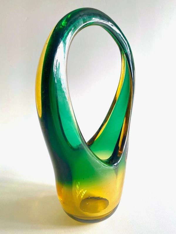 MID CENTURY MODERN SEGUSO MURANO ART GLASS SOMMERSO SCULPTURAL BASKET BOWL VASE - 6