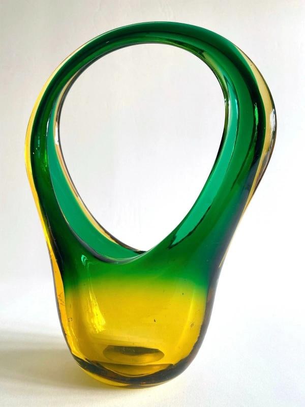MID CENTURY MODERN SEGUSO MURANO ART GLASS SOMMERSO SCULPTURAL BASKET BOWL VASE - 7