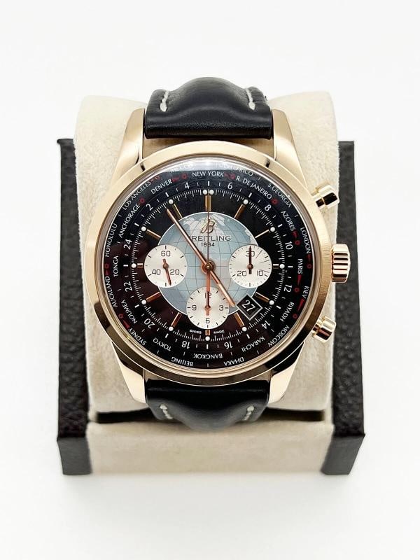 Breitling Transocean RB0510 46mm Chronograph 18K Rose Gold Leather Strap: Style Number: RB0510 Year: 2013 Model: Breitling Transocean Unitime Case Material: 18K Rose Gold Band: Leather Bezel: 18K Rose Gold Dial: Black Face: Sapphire Crystal 