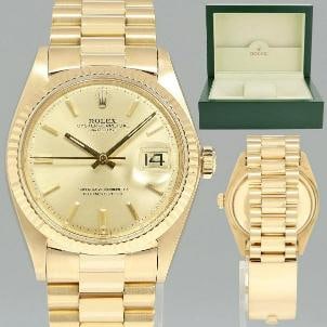 Rolex DateJust 36mm 1601 Yellow Gold President Champagne Pie Pan Stick Watch Box: Brand Rolex (Guaranteed Authentic) Model DateJust Reference Number 1601 Serial Number 3.8 Million Serial Gender Unisex (Men's/Women's) Metal Yellow Gold Case Size 36.00mm Wrist Size This watch will cu