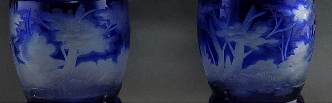 Rare Antique 1860s Bohemian Cut Glass Forest Wildlife Theme Covered Urns - 3