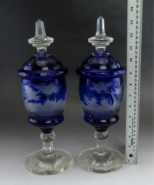 Rare Antique 1860s Bohemian Cut Glass Forest Wildlife Theme Covered Urns - 6