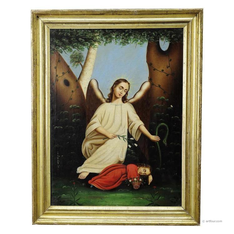 Oil Painting on Canvas Painting Angel with Sleeping Child: Condition: Used,Artist: e5748,Item Height: 28.74,Item Width: 22.64,Production Technique: Oil Painting,Region of Origin: europe,Type: Painting,Country of Origin: Germany width: 22.64 inches height: