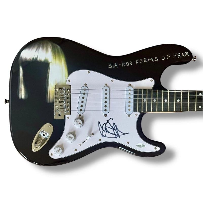 Sia Signed Guitar Custom Graphics JSA COA 1000 Forms of Fear Chandelier: Industry: Music,Signed: Yes,Autograph Authentication: James Spence (JSA),Original/Reproduction: Original,Object Type: Guitar & Guitar Pick,Country of Origin: United States Signer: Sia Item Type: Full