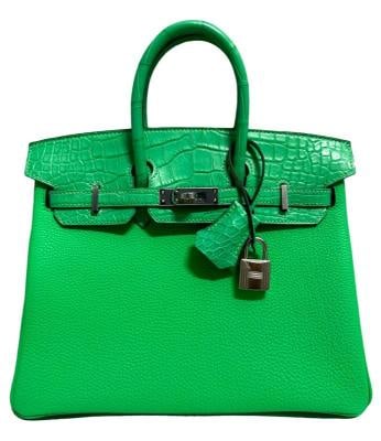 Hermes Birkin 25 Touch Vert Comics Green Togo and Alligator Palladium New 2023: 8"H x 9.75"W x 5"DCondition: New without tags,Materials sourced from: France,Bag Width: 9.75Ã¢â‚¬Â,Bag Height: 8 in,Closure: Turn Lock,Manufacturer Color: Vert