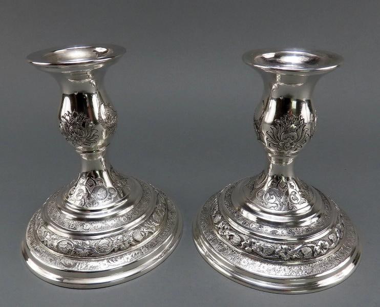 Beautiful Pair Persian Silver 5" Candlesticks Hand Engraved Flowers Birds: Type: Candlestick,Style: Persian,Age: Post-1940,Material: Silver,Region: Middle East,Composition: 850 to 900 silver Presented is a pair of Persian silver candlesticks from the mid-20th century, probab