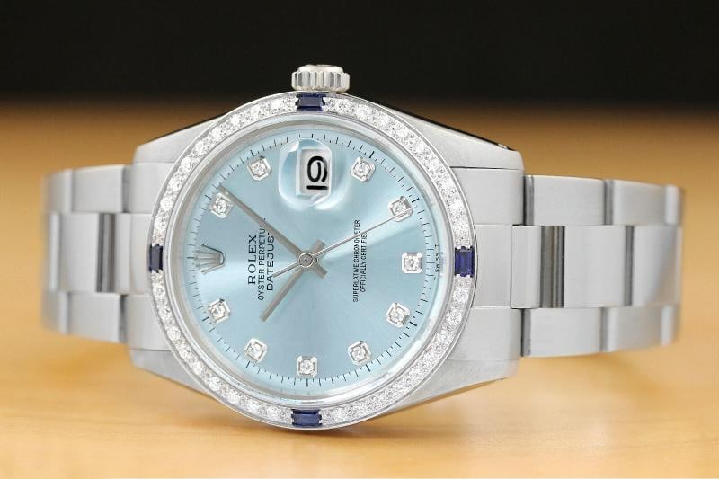 MENS ROLEX DATEJUST ICE BLUE 18K WHITE GOLD DIAMOND SAPPHIRE & STEEL WATCH - 3