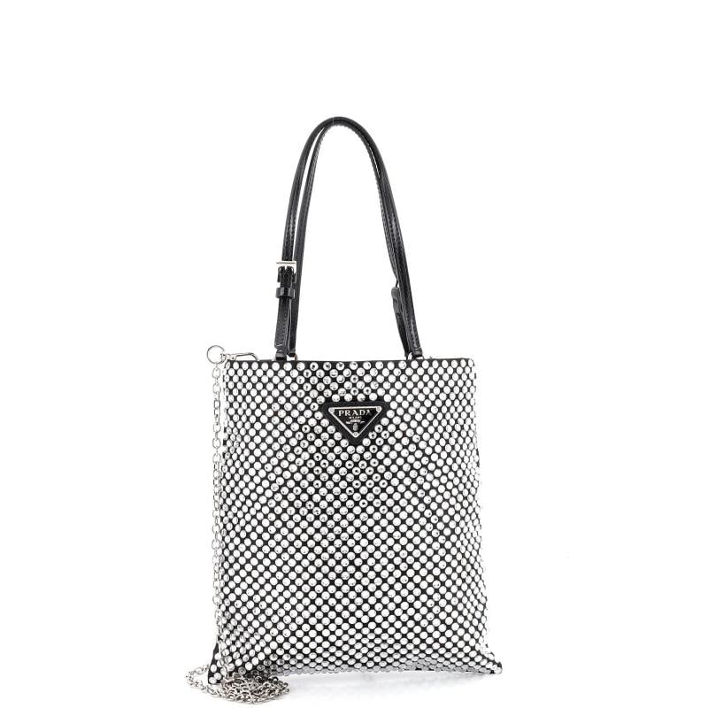 Prada Convertible Open Tote Crystal Embellished Satin Mini: Condition: Pre-owned - Excellent,Brand: Prada,Exterior Material: Crystal, Satin,Style: Cross Body Bags,Exterior Color: Silver,Department: Women,Size: Mini,Accessories: With Strap Estimated Retail