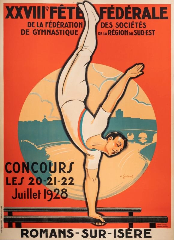 Original Art Deco Poster, Galland, Artistic Gymnastics, Athlete, Gymnast, 1928: Condition: Used,Unit of Sale: Single-Piece Work,Artist: Galland Andre,Signed By: Andre Galland,Size: Medium (up to 36in.),Signed: Yes,Color: Black & White, Blue, Red, Beige,Date of Creation: