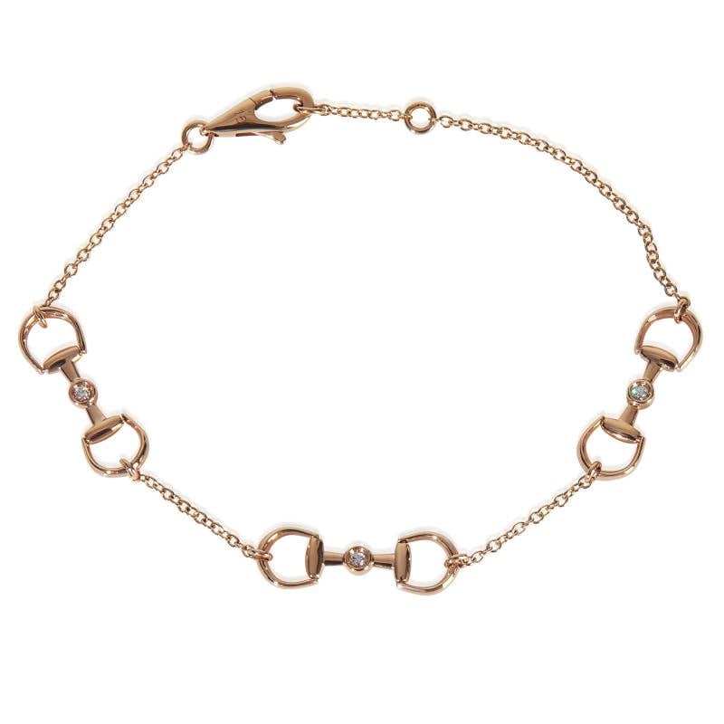Gucci Rose Gold Diamond Horsebit Chain Link Bracelet: Condition: Pre-owned,Shape: Round Brilliant,Item Length: 7 in,Country of Origin: Italy,Clasp/Buckle Type: Lobster Claw,Side Stone Type: Diamond,Side Stone Weight (cts): 0.03,Metal Purity: 18k,With Ori