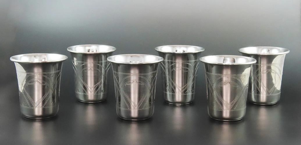 6 Russian Sphere of Influence .875 Silver Vodka Cups No Monos 2 1/4" Tall (1 of 9)