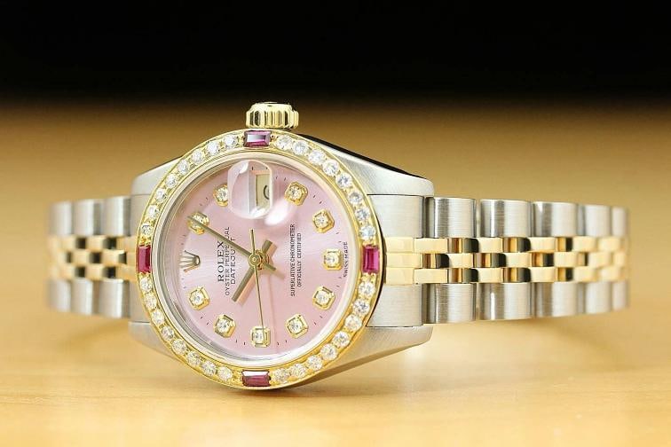 ROLEX LADIES DATEJUST 69173 PINK DIAL 18K YELLOW GOLD DIAMOND RUBY STEEL WATCH - 2