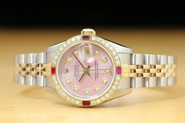 ROLEX LADIES DATEJUST 69173 PINK DIAL 18K YELLOW GOLD DIAMOND RUBY STEEL WATCH - 3