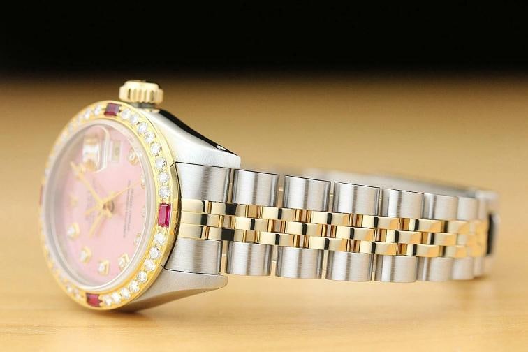 ROLEX LADIES DATEJUST 69173 PINK DIAL 18K YELLOW GOLD DIAMOND RUBY STEEL WATCH - 4