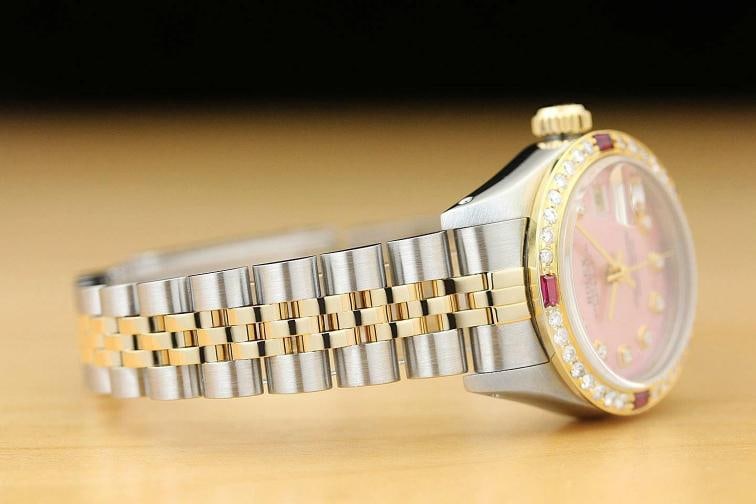ROLEX LADIES DATEJUST 69173 PINK DIAL 18K YELLOW GOLD DIAMOND RUBY STEEL WATCH - 7