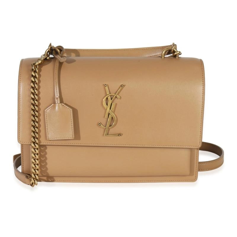 Saint Laurent Natural Tan Smooth Calfskin Medium Monogram Sunset Satchel: Condition: Pre-owned - Good,Country of Origin: Italy,Dimensions: 9.5 x 6.5 x 1.5,Handbag Accessories: Clochette;Dustbag,Bag Width: 9.5 in,Bag Depth: 1.5 in,Bag Height: 6.5 in,Department: