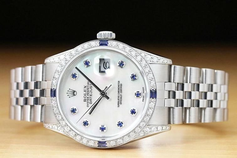 MENS ROLEX DATEJUST MOTHER OF PEARL SAPPHIRE DIAMOND 18K WHITE GOLD SS WATCH - 3