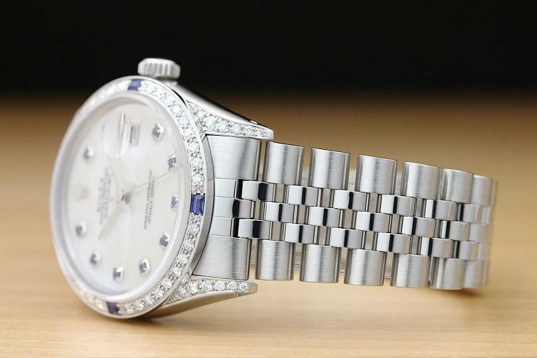 MENS ROLEX DATEJUST MOTHER OF PEARL SAPPHIRE DIAMOND 18K WHITE GOLD SS WATCH - 4