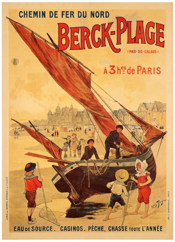 Original Travel Poste, Tauzin, Berck Beach, Fishing, Hunting, Sailboat, 1905: Condition: Used,Artist: Louis Tauzin,Listed By: Dealer or Reseller,Type: Poster,Year of Production: 1905,Size: Medium (up to 36in.),Item Height: 40.8 in,Date of Creation: 1900-1949,Features: