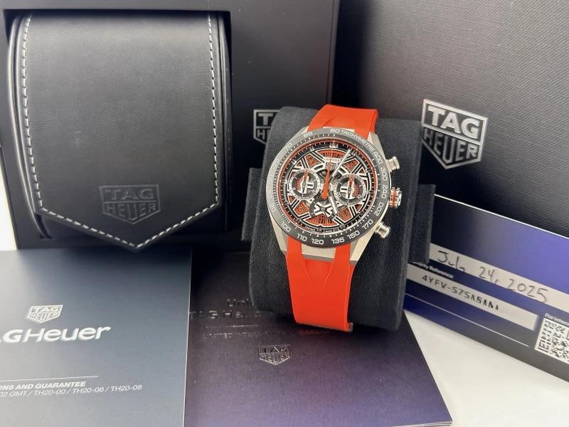 TAG Heuer Carrera Chronograph Extreme Sport CBU2082.FT6275 44mm Box Paper: Condition: Pre-owned - Excellent,Bezel Color: Black,Dial Pattern: Skeleton,Year Manufactured: 2025,Case Color: Silver,Caseback: Exhibition,Department: Men,Watch Shape: Round,Style: Sport,Features: