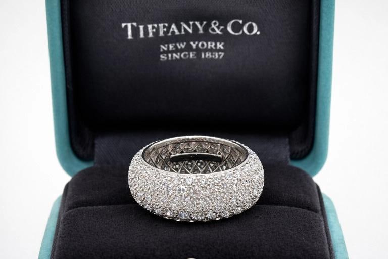 Tiffany & Co Etoile Platinum 5 Row Pave Set Diamond Eternity Ring Band Size 5: Condition: Pre-owned - Good,Main Stone Creation: Natural,Seller Warranty: No,Signed: No,Sizable: No,Main Stone Color: White,Metal: Platinum,Total Carat Weight: 3.75 tcw,Main Stone: Diamond,Ring Size: