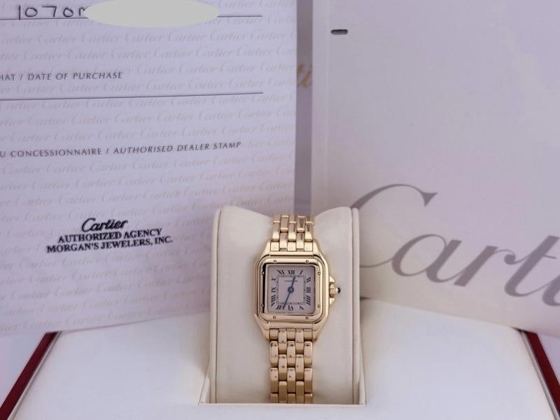 Cartier Panthere de Cartier 1070 22mm 18K Yellow Gold Box Papers: Style Number: 1070 Serial: MG32**** Model: Cartier Panthere De Cartier Case Material: 18k Yellow Gold Band: 18k Yellow Gold Bezel: 18k Yellow Gold Dial: Silver Roman Dial Crystal: Sapphire Case Size: