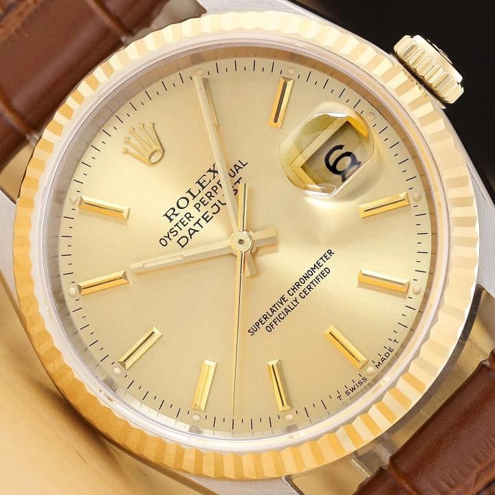 ROLEX MENS DATEJUST 16233 CHAMPAGNE 18K GOLD STEEL BROWN LEATHER WATCH (1 of 9)