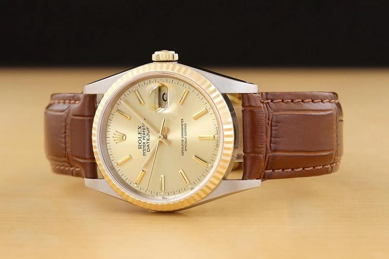 ROLEX MENS DATEJUST 16233 CHAMPAGNE 18K GOLD STEEL BROWN LEATHER WATCH - 2