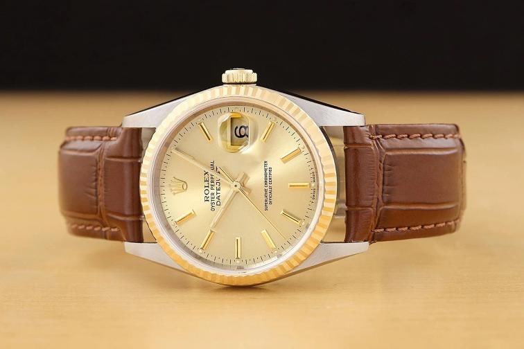 ROLEX MENS DATEJUST 16233 CHAMPAGNE 18K GOLD STEEL BROWN LEATHER WATCH - 3