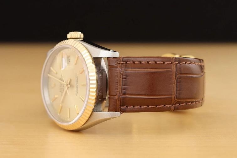 ROLEX MENS DATEJUST 16233 CHAMPAGNE 18K GOLD STEEL BROWN LEATHER WATCH - 4