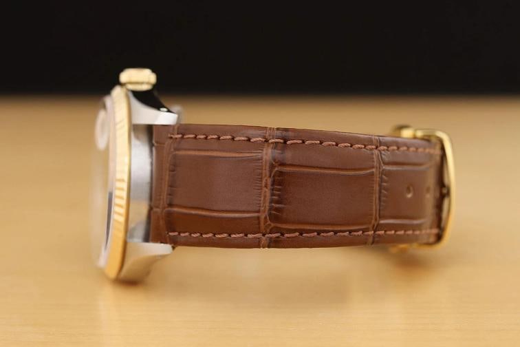 ROLEX MENS DATEJUST 16233 CHAMPAGNE 18K GOLD STEEL BROWN LEATHER WATCH - 5