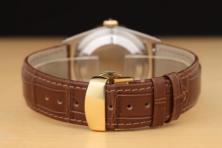 ROLEX MENS DATEJUST 16233 CHAMPAGNE 18K GOLD STEEL BROWN LEATHER WATCH - 6