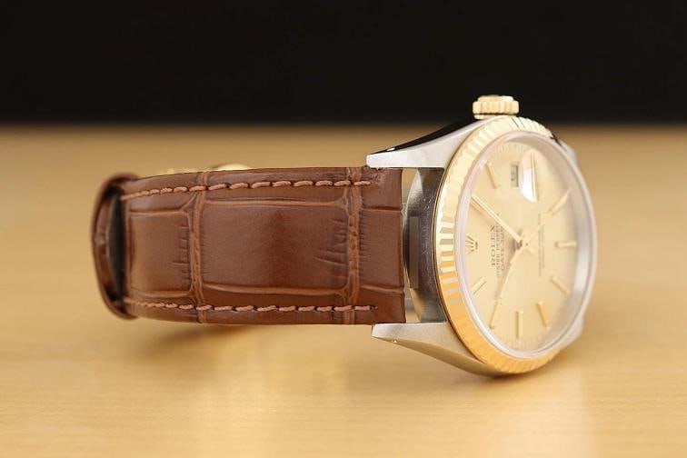 ROLEX MENS DATEJUST 16233 CHAMPAGNE 18K GOLD STEEL BROWN LEATHER WATCH - 7