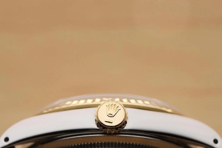 ROLEX MENS DATEJUST 16233 CHAMPAGNE 18K GOLD STEEL BROWN LEATHER WATCH - 9