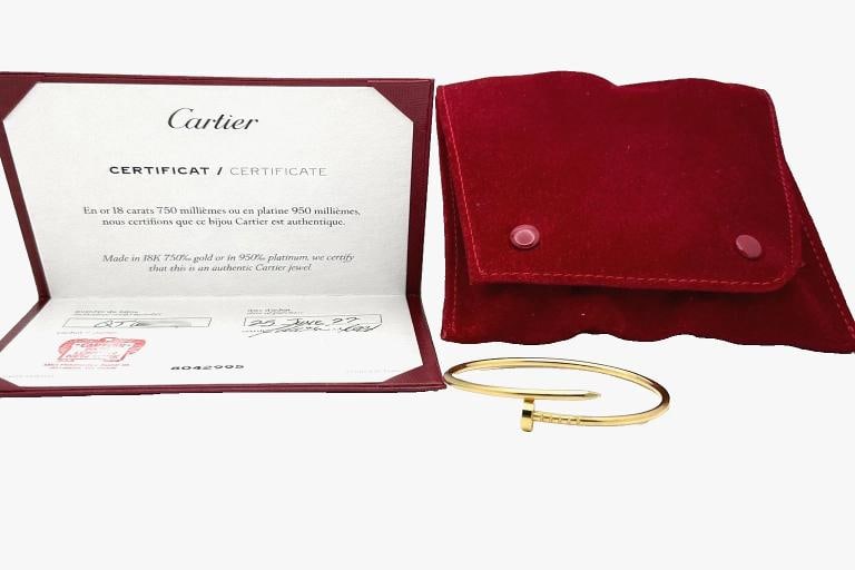 Cartier JUSTE UN CLOU 18k Yellow Gold Small Model COA & Pouch Size 15: Style: Nail Bracelet Metal: 18k Yellow Gold Size: 15 Serial: QTW*** Hallmark: Ã‚Â© Cartier 15 QTW*** Au 750 Includes: Cartier COA - Pouch. Condition: Pre-owned
