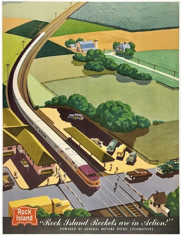 Original Vintage Poster ROCK ISLAND ROCKETS Railroad Travel Bern Hill LINEN: Dimensions: 18.2 x 24 in. / 46.2 x 61 cm.; Circa: 1950s . Condition: Used,Country of Origin: United States,Modified Item: No 