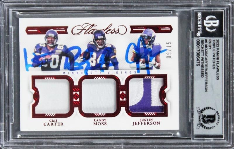 Moss, Carter & Jefferson Signed 2022 Panini Flawless #6 Card Auto 10 BAS Slabbed: Sport: Football,Product: Box, Box & Case Breaks, Case, Coin, etopps (In-hand), Lot, Pack,,Original/Reprint: Original,Player: Randy Moss, Cris Carter & Justin Jefferson,Autograph Authentication: