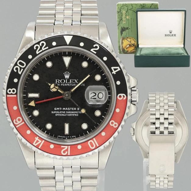 Rolex GMT-Master 2 Fat Lady Coke Jubilee Red Black Steel 16760 40mm Watch Box: Brand Rolex (Guaranteed Authentic) Model GMT-Master II Reference Number 16760 Serial Number 8.5 Gender Men's Metal Stainless Steel Case Size 40.00mm Wrist Size This watch will currently comfortably