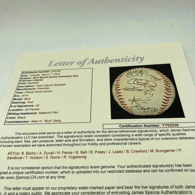 2014 San Francisco Giants World Series Champs Team Signed W.S. Baseball JSA COA - 10